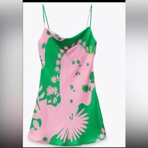 Rare Zara Pink & Green Matisse Print Satin Short Slip Dress L